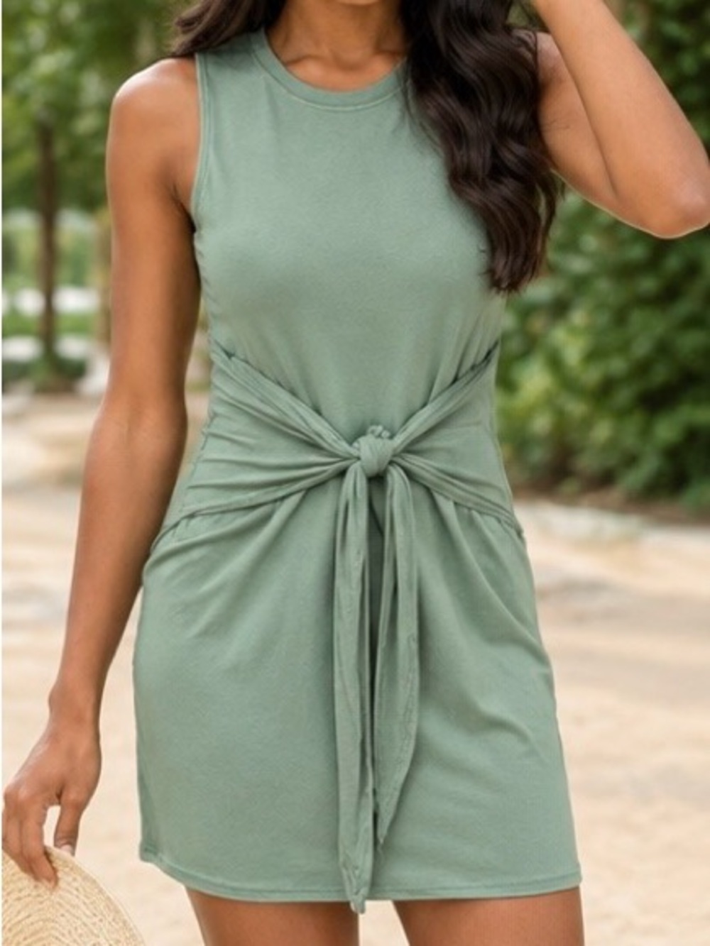 Pink Lily Sage Green Tie Front Sleeveless Mini Dress Size L